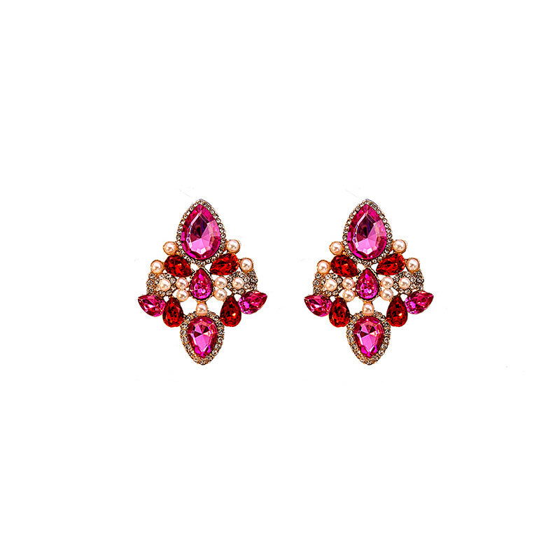 Wholesale Jewelry Vintage Style Round Water Droplets Rhombus Alloy Rhinestones Inlay Drop Earrings