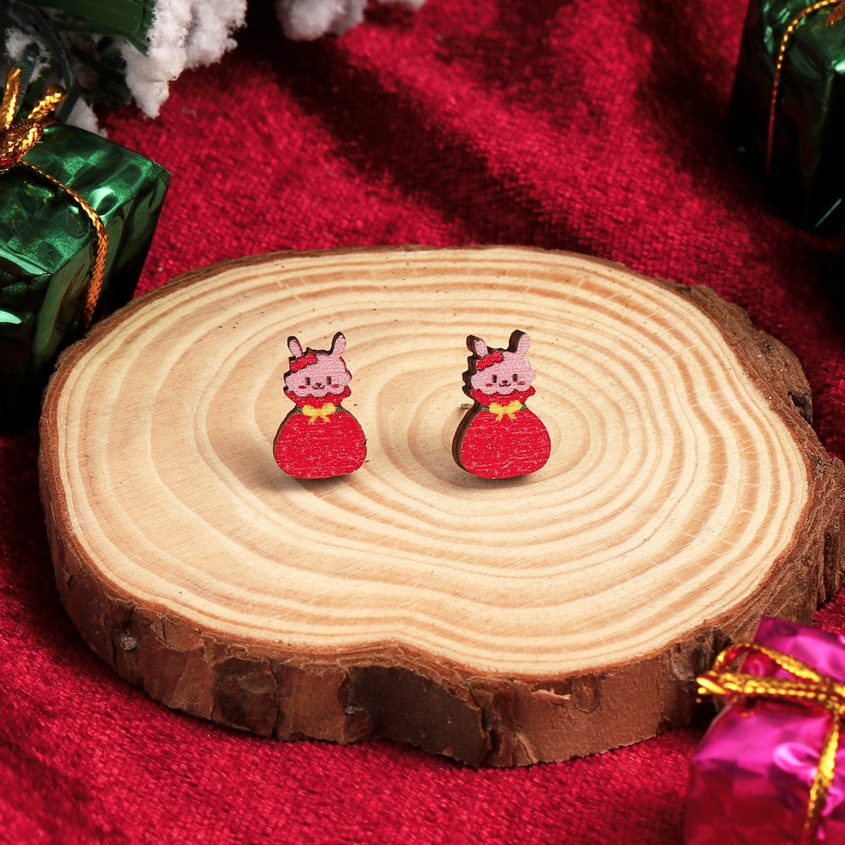 1 Pair Cute Christmas Tree Santa Claus Sock Wood Ear Studs