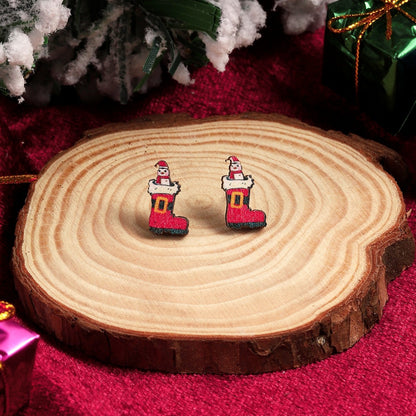 1 Pair Cute Christmas Tree Santa Claus Sock Wood Ear Studs