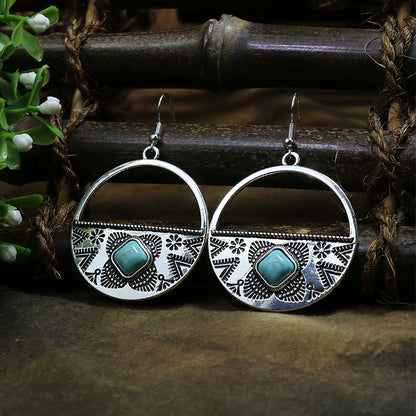 Wholesale Jewelry Casual Bohemian Round Rhombus Alloy Turquoise Hollow Out Inlay Drop Earrings