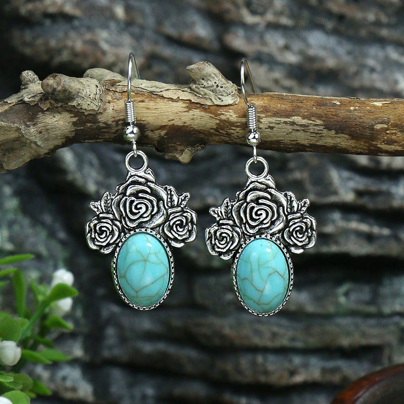 Wholesale Jewelry Casual Bohemian Round Rhombus Alloy Turquoise Hollow Out Inlay Drop Earrings