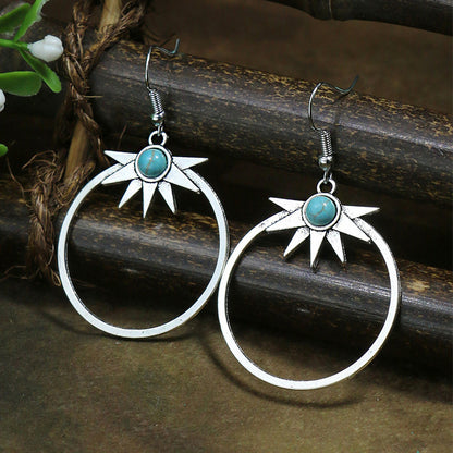 Wholesale Jewelry Casual Bohemian Round Rhombus Alloy Turquoise Hollow Out Inlay Drop Earrings