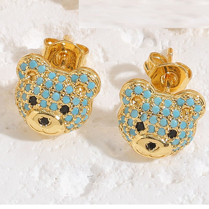 1 Pair Cute Simple Style Bear Plating Inlay Copper Zircon 14k Gold Plated Ear Studs