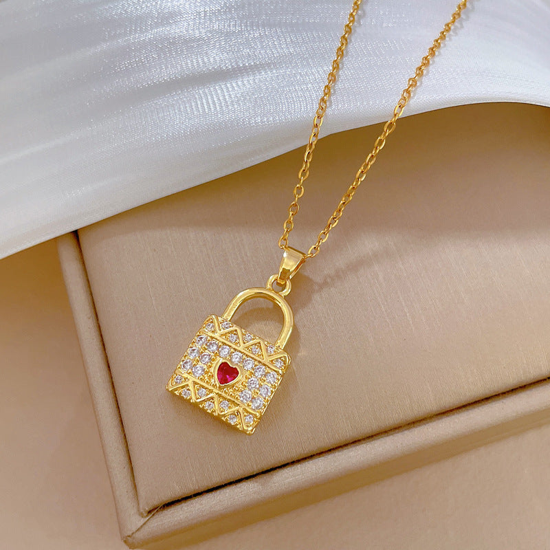 Classic Style Streetwear Heart Shape Lock Titanium Steel Copper Inlay Artificial Gemstones Gold Plated Pendant Necklace