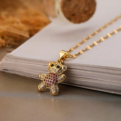 Cute Simple Style Little Bear Copper Plating Inlay Zircon 18k Gold Plated Pendant Necklace