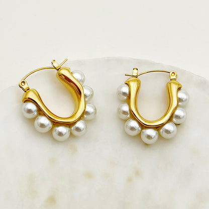 1 Pair Elegant U Shape Plating Inlay Stainless Steel Shell Pearls Gold Plated Hoop Earrings