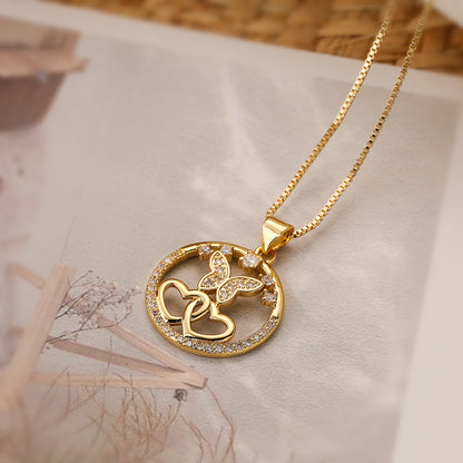 Sweet Simple Style Commute Heart Shape Butterfly Copper Plating Inlay Zircon 18k Gold Plated Pendant Necklace