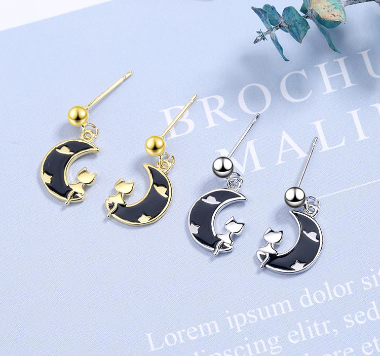 1 Pair Cute Moon Cat Epoxy Copper Drop Earrings