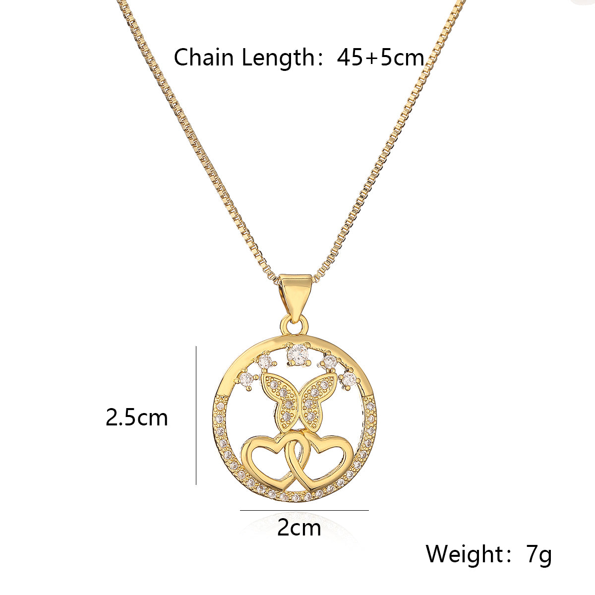 Sweet Simple Style Commute Heart Shape Butterfly Copper Plating Inlay Zircon 18k Gold Plated Pendant Necklace