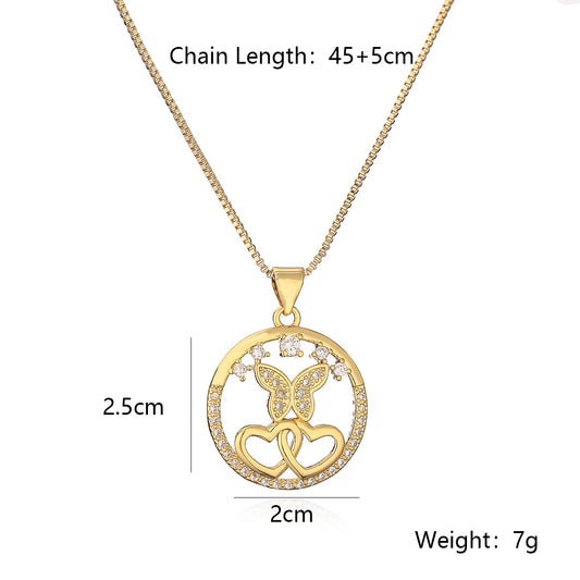 Sweet Simple Style Commute Heart Shape Butterfly Copper Plating Inlay Zircon 18k Gold Plated Pendant Necklace