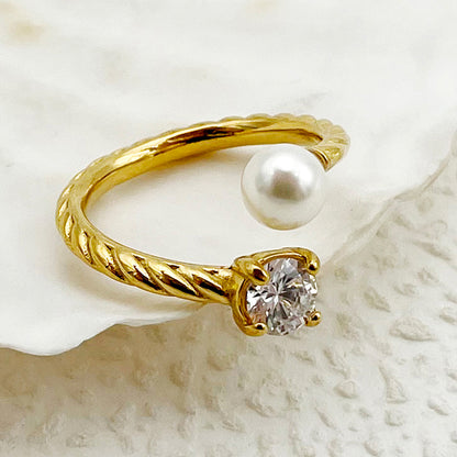 Wholesale Elegant Sweet Roman Style Solid Color Stainless Steel Plating Inlay Gold Plated Pearl Zircon Rings