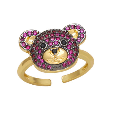 Cute Fashion Sweet Bear Copper 18k Gold Plated Zircon Open Rings In Bulk