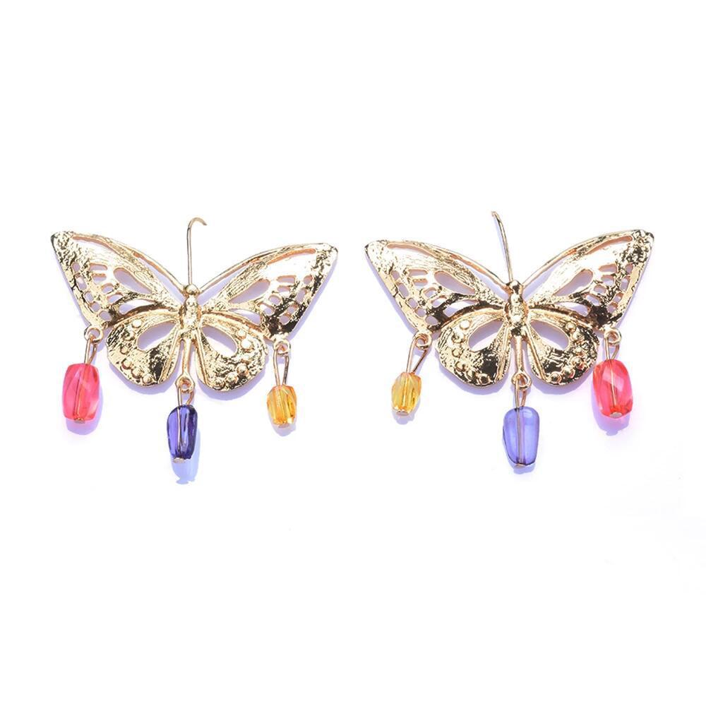 Wholesale Jewelry Ig Style Butterfly Alloy Gemstone Plating Hollow Out Drop Earrings