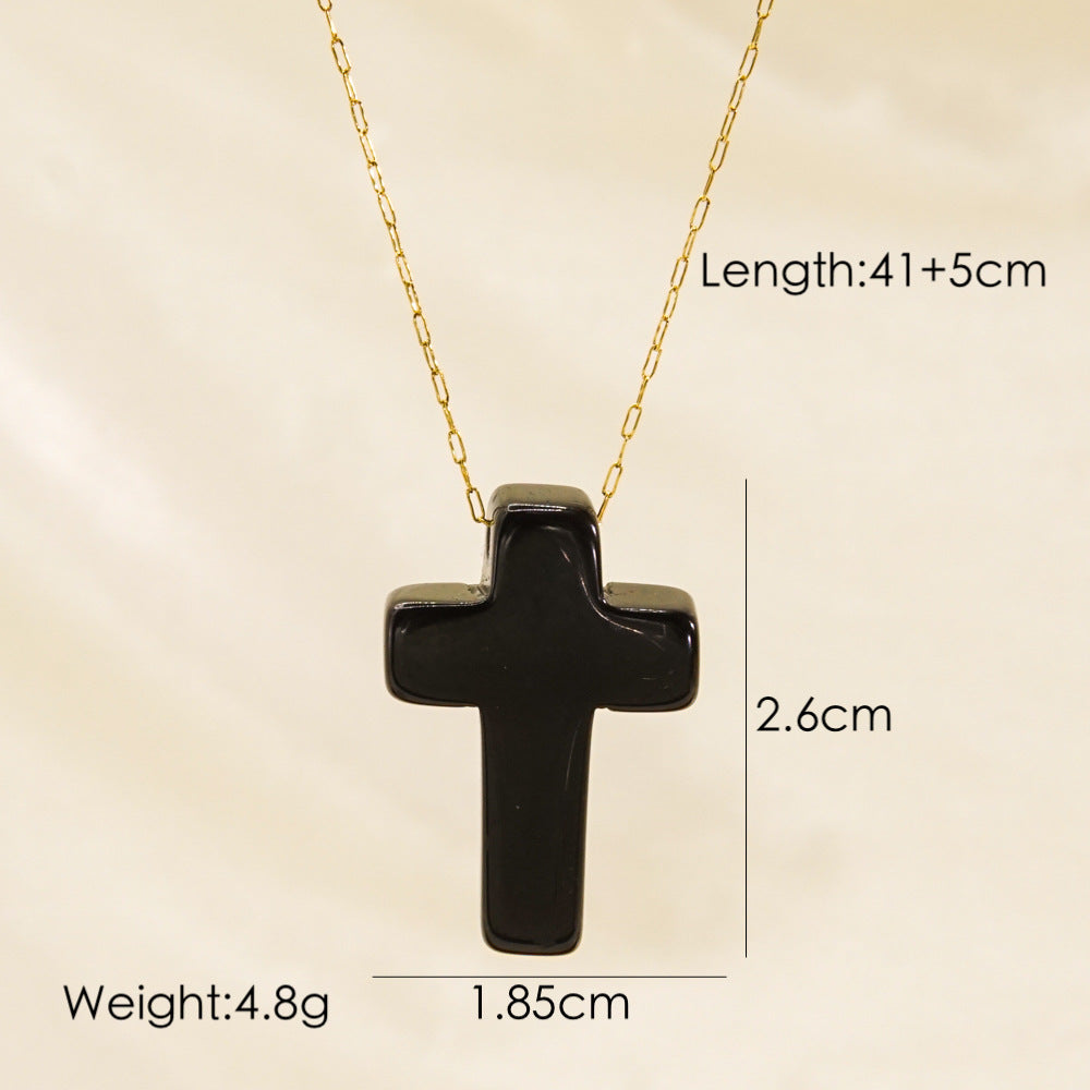 Basic Cross Natural Stone Plating 14k Gold Plated Pendant Necklace