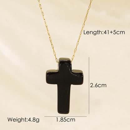 Basic Cross Natural Stone Plating 14k Gold Plated Pendant Necklace