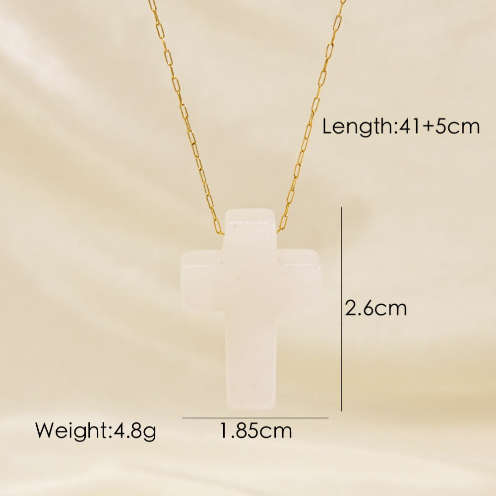 Basic Cross Natural Stone Plating 14k Gold Plated Pendant Necklace