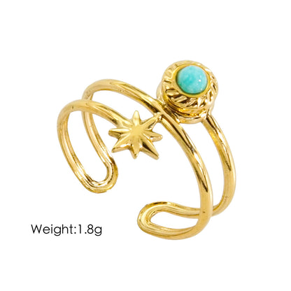 Wholesale Jewelry IG Style Elegant Pentagram Round Shell 304 Stainless Steel Natural Stone Rhinestones Shell 14K Gold Plated Beaded Polishing Inlay Rings Necklace