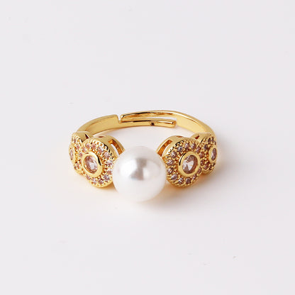 Elegant Vintage Style Circle Heart Shape Copper Plating Inlay Pearl Zircon Gold Plated Open Rings