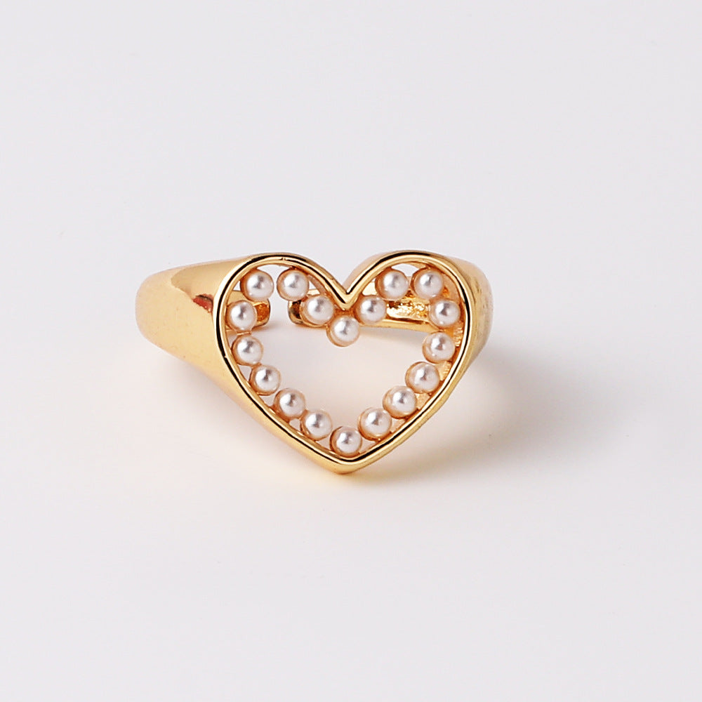 Elegant Vintage Style Circle Heart Shape Copper Plating Inlay Pearl Zircon Gold Plated Open Rings