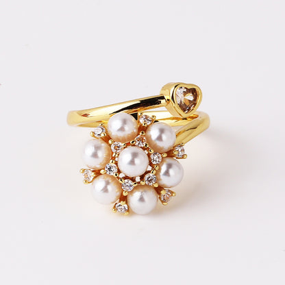 Elegant Vintage Style Circle Heart Shape Copper Plating Inlay Pearl Zircon Gold Plated Open Rings