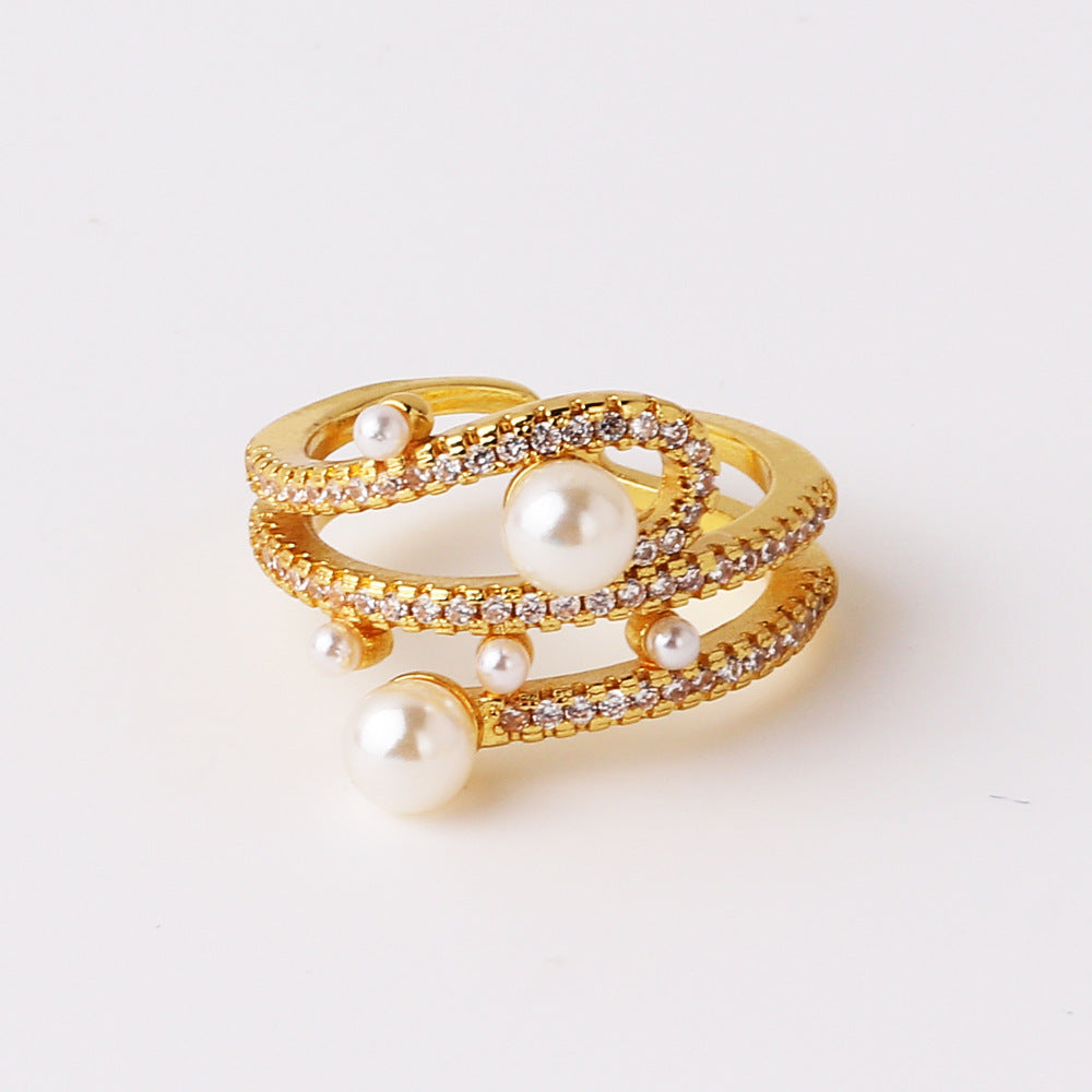 Elegant Vintage Style Circle Heart Shape Copper Plating Inlay Pearl Zircon Gold Plated Open Rings