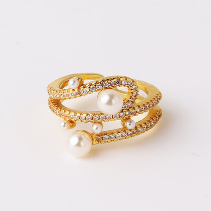 Elegant Vintage Style Circle Heart Shape Copper Plating Inlay Pearl Zircon Gold Plated Open Rings