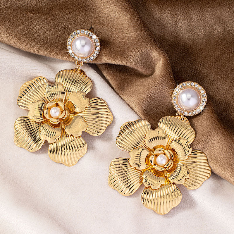 Wholesale Jewelry Lady Flower Alloy Artificial Rhinestones Artificial Pearls 14k Gold Plated Plating Inlay Drop Earrings