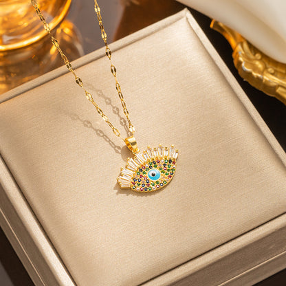 Shiny Eye Stainless Steel Titanium Steel Epoxy Plating Inlay Zircon 18k Gold Plated Pendant Necklace