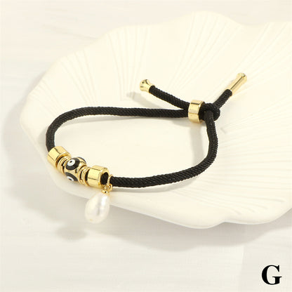 Retro Devil's Eye Freshwater Pearl Copper Knitting Enamel Plating 18k Gold Plated Drawstring Bracelets