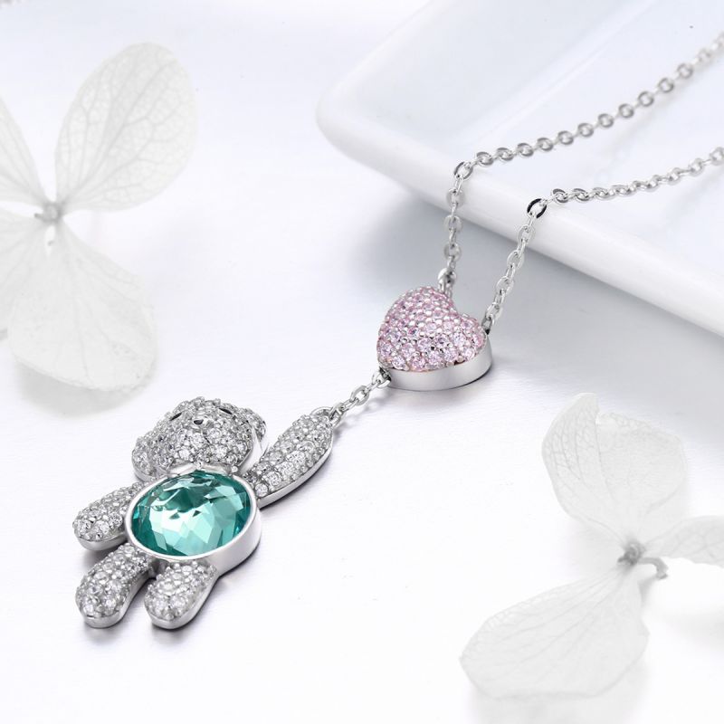 Casual Cute Little Bear Cat Butterfly Sterling Silver White Gold Plated Glass Zircon Necklace In Bulk