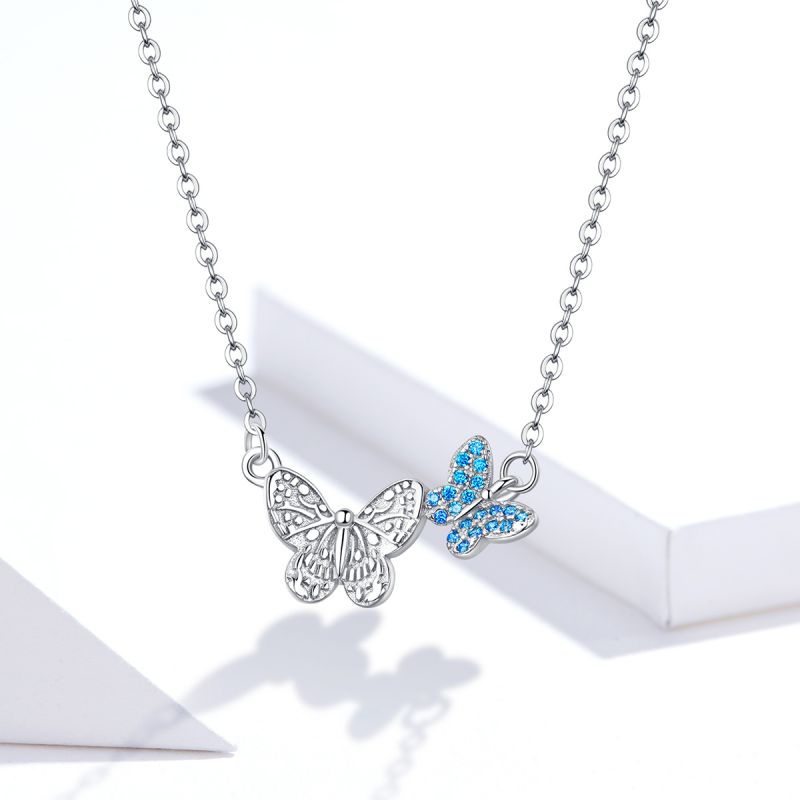 Casual Cute Little Bear Cat Butterfly Sterling Silver White Gold Plated Glass Zircon Necklace In Bulk