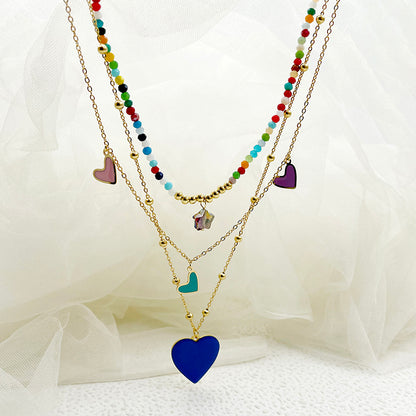 Elegant French Style Heart Shape Stainless Steel Layered Enamel Plating Gold Plated Three Layer Necklace