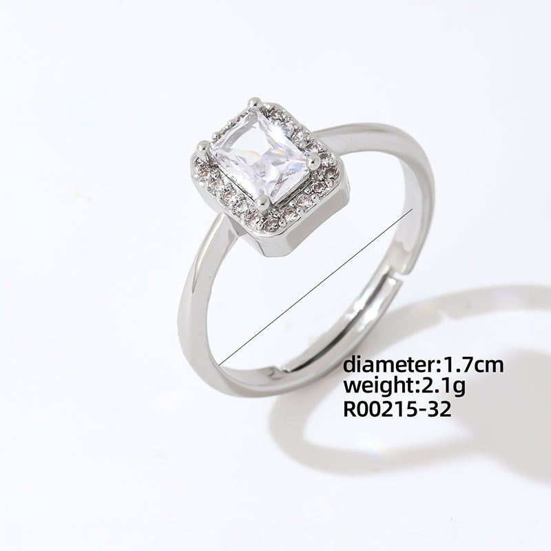 Luxurious Simple Style Shiny Square Eye Copper Plating Inlay Zircon White Gold Plated Open Rings