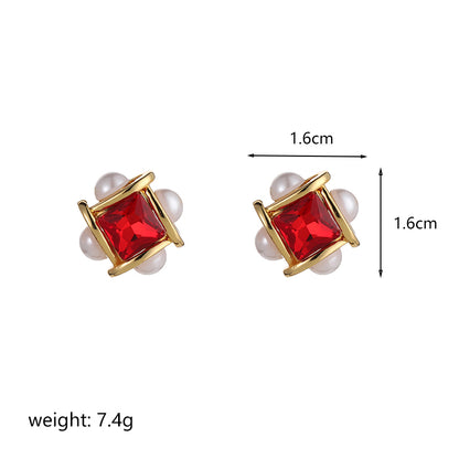 1 Pair Ig Style Square Plating Inlay Copper Freshwater Pearl Glass Zircon 18k Gold Plated Silver Plated Ear Studs