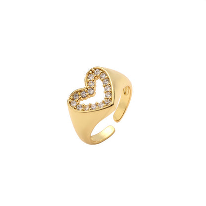 Luxurious Heart Shape Copper Plating Inlay Zircon Gold Plated Open Rings