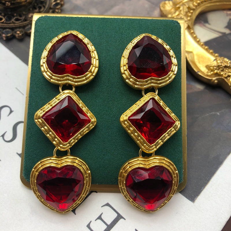 Wholesale Jewelry Retro Heart Shape Alloy Artificial Gemstones Gold Plated Plating Inlay Drop Earrings