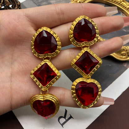 Wholesale Jewelry Retro Heart Shape Alloy Artificial Gemstones Gold Plated Plating Inlay Drop Earrings