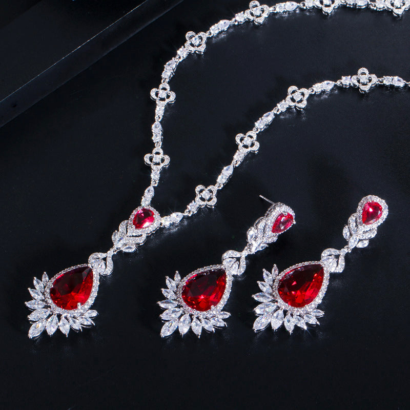 Luxurious Wedding Bridal Water Droplets Crown Copper Plating Inlay Artificial Gemstones White Gold Plated Rhodium Plated Jewelry Set