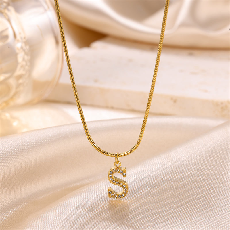 Sweet Simple Style Artistic Letter Stainless Steel Plating Inlay Artificial Diamond 18k Gold Plated Pendant Necklace