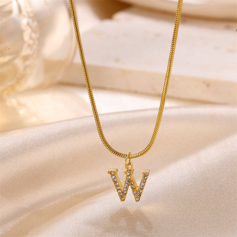 Sweet Simple Style Artistic Letter Stainless Steel Plating Inlay Artificial Diamond 18k Gold Plated Pendant Necklace