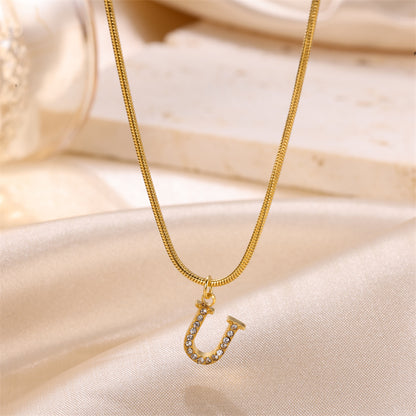 Sweet Simple Style Artistic Letter Stainless Steel Plating Inlay Artificial Diamond 18k Gold Plated Pendant Necklace