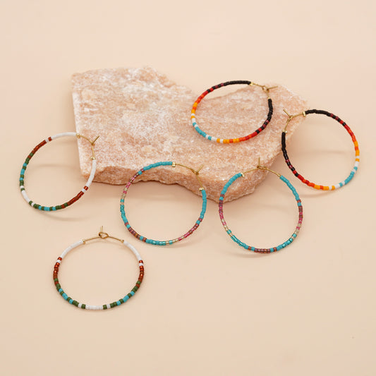 1 Pair Lady Gradient Color Beaded Glass Hoop Earrings