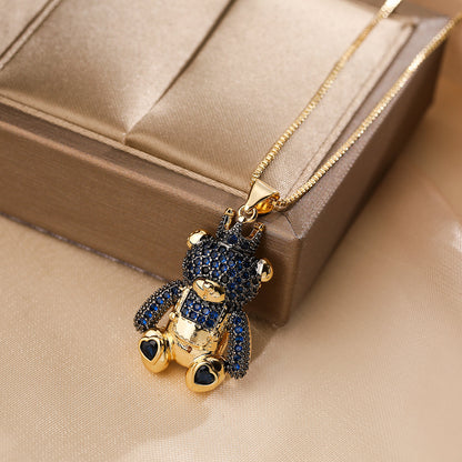 Cute Commute Little Bear Copper Plating Inlay Zircon 18k Gold Plated Pendant Necklace