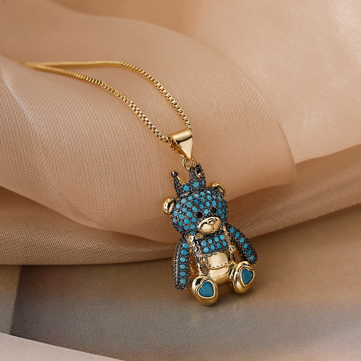 Cute Commute Little Bear Copper Plating Inlay Zircon 18k Gold Plated Pendant Necklace