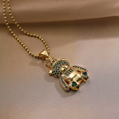 Cute Commute Little Bear Copper Plating Inlay Zircon 18k Gold Plated Pendant Necklace