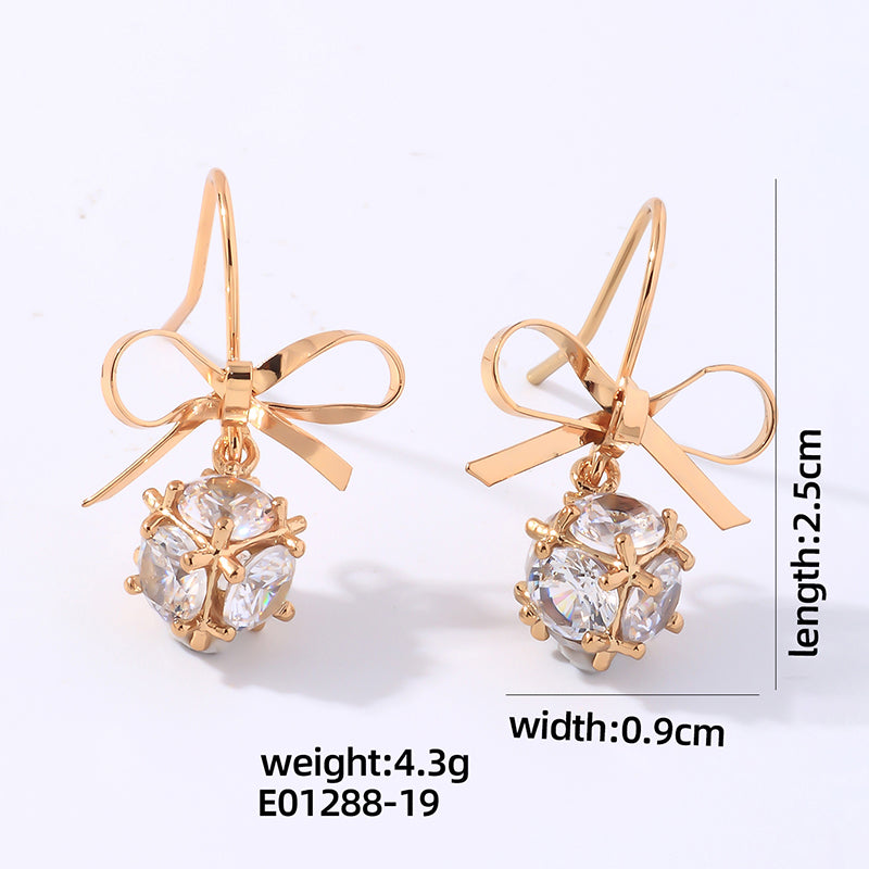 1 Pair Elegant Glam Shiny Round Bow Knot Plating Inlay Copper Zircon Gold Plated Drop Earrings