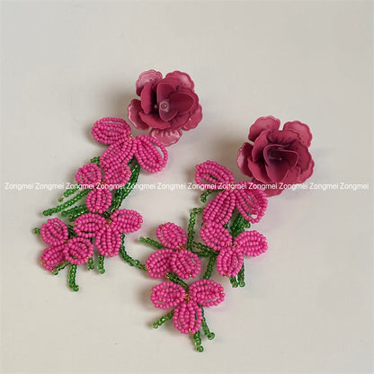 1 Pair Exaggerated Lady Flower Beaded Resin Seed Bead Metal Drop Earrings