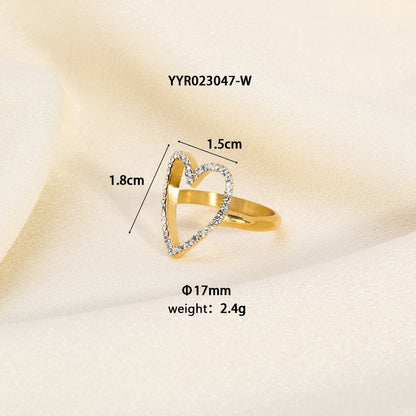 Simple Style Heart Shape Stainless Steel Plating Inlay Rhinestones 18k Gold Plated Rings