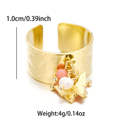 Sweet Artistic Round Stainless Steel Plating Inlay Freshwater Pearl 18k Gold Plated Open Rings