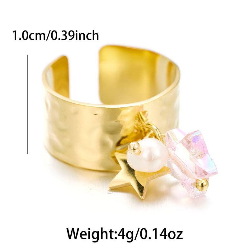 Sweet Artistic Round Stainless Steel Plating Inlay Freshwater Pearl 18k Gold Plated Open Rings